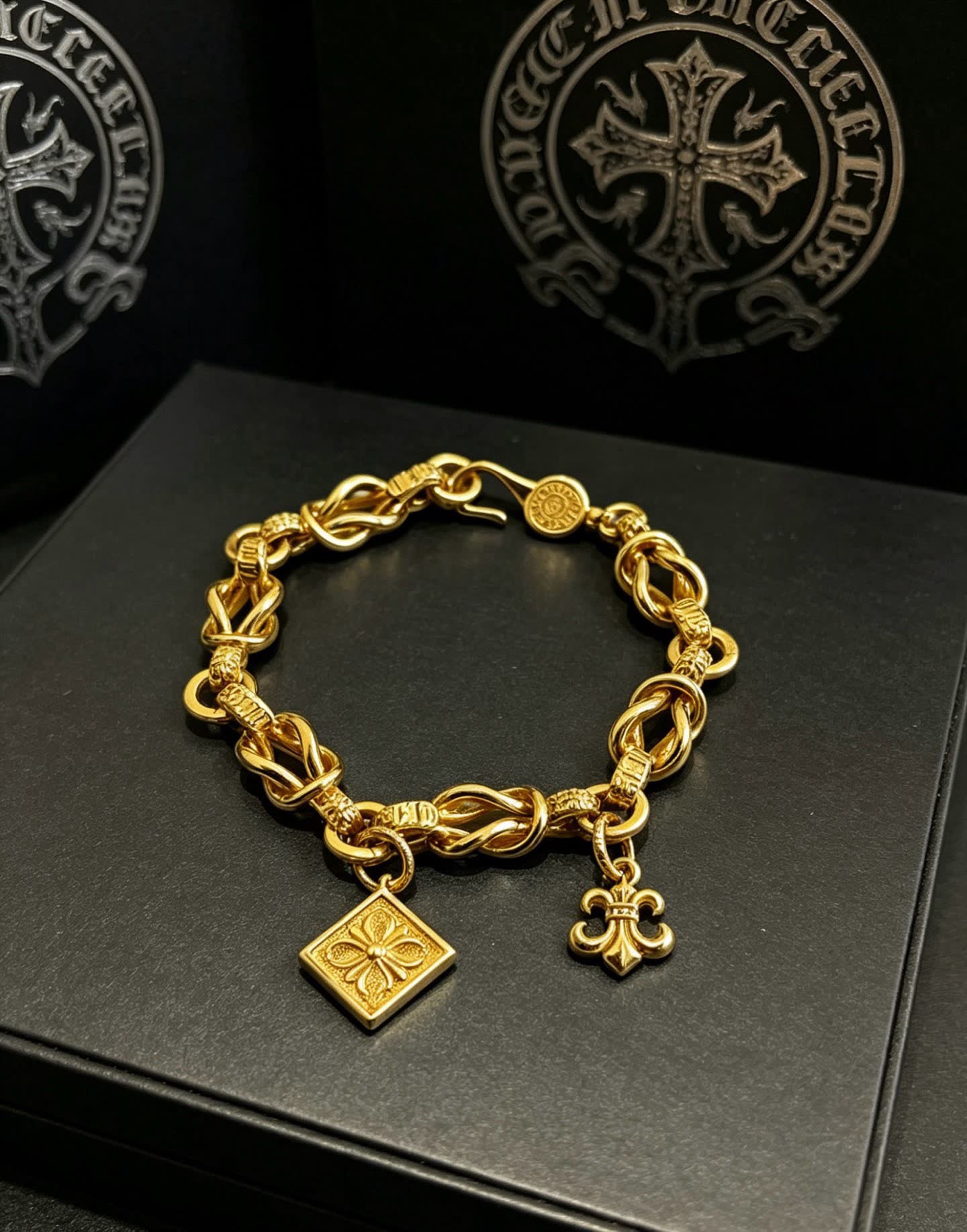 Chrome Hearts Gold-Tone Bracelet with Diamond and Fleur-de-lis Charms